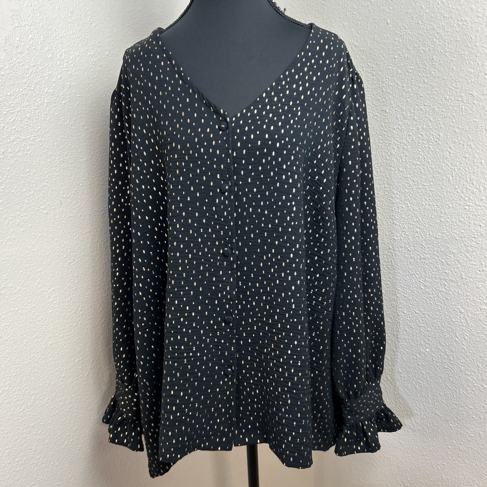 Women’s Black Dot-Print V-Neck Blouse